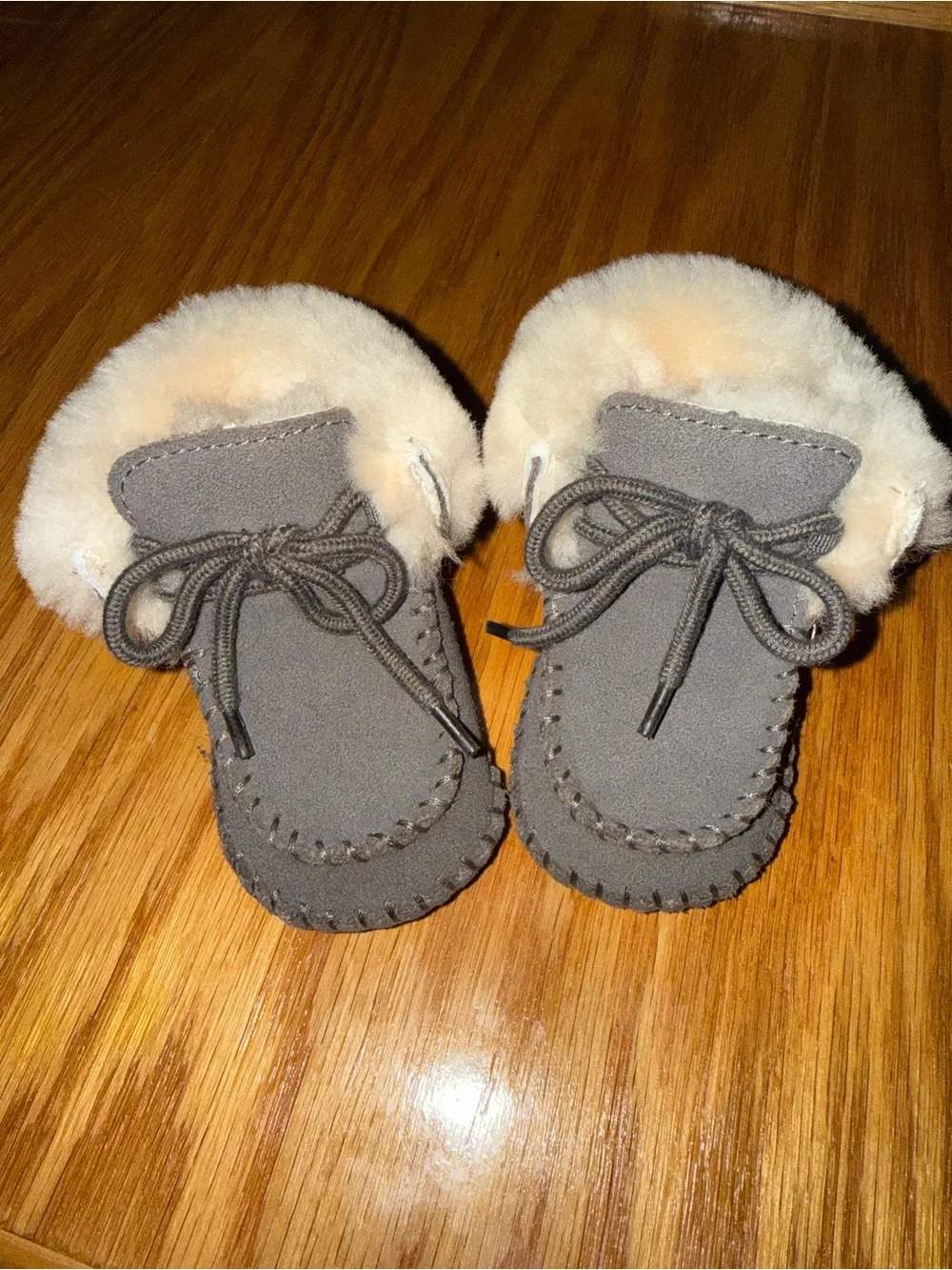 Baby Ugg Plush Lined Moccasin Booties in grey/ brown